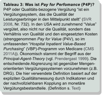Tableau 3: Was ist Pay for Perfomance (P4P)? P4P oder Qualitts-bezogene Vergtung ist ein Vergtungssystem, das die Qualitt der Leistungserbringer in den Mittelpunkt stellt (SVR 2008, Nr. 732). In den USA wird zunehmend Value vergtet, also nicht nur die Qualitt, sondern das Verhltnis von Qualitt und den eingesetzten Kosten (strenggenommen Pay for Value (P4V), so im umfassenden Hospital Inpatient Value-Based Purchasing (VBP)-Programm von Medicare (CMS 2011A)). konomisch stammt der Begriff aus der Principal-Agent-Theory (vgl. Prendergast 1999). Die entscheidende Abgrenzung ist gegenber Mengen-orientierten Vergtungssystemen vorzunehmen (z.B. DRG). Die hier verwendete Definition basiert auf der expliziten Qualittsmessung durch Indikatoren und der nachvollziehbaren Kopplung an monetre Vergtungsbestandteile. (Definition s. Text)